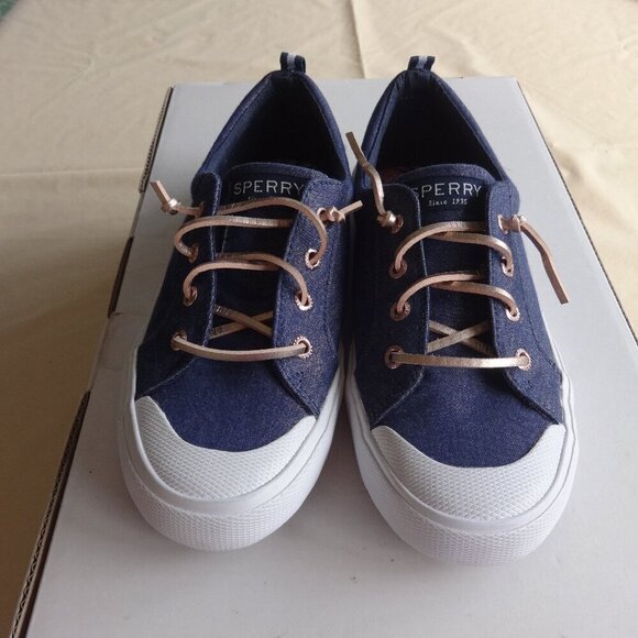 Sperry denim women's sneakers size 4M, slip on, gold leather laces, like new - Picture 7 of 15